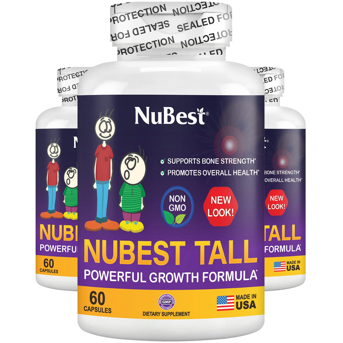NuBest Tall bottle cap showing calcium and collagen blend for bone support.