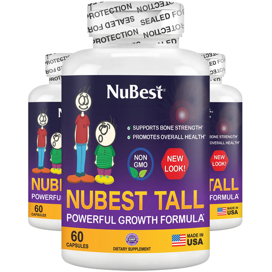 NuBest Tall bottle cap showing calcium and collagen blend for bone support.
