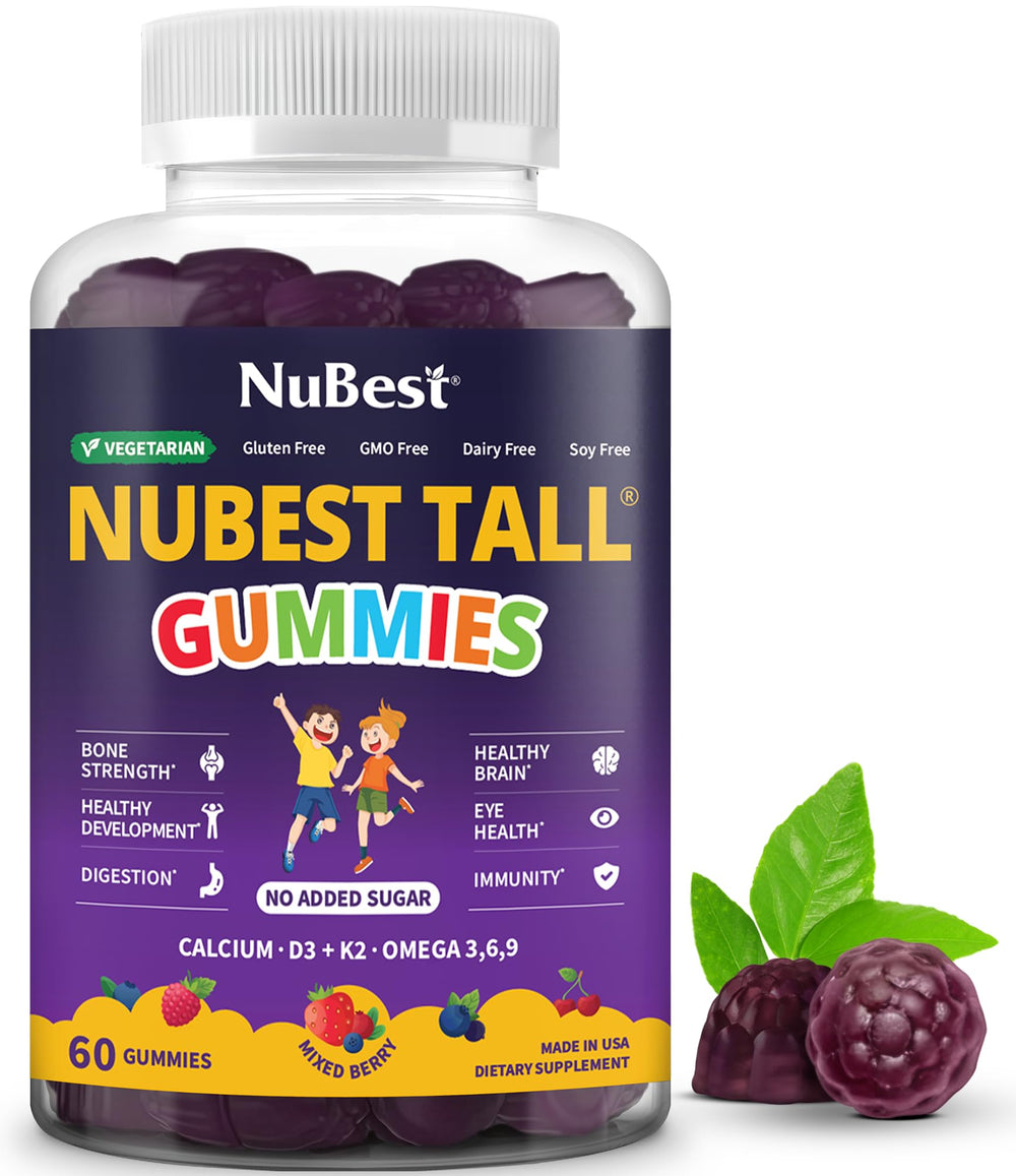 NuBest Tall Gummies bottle front promoting berry flavor for growing bones.