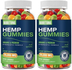Nubetong Hemp Gummies bottle closeup shows premium organic ingredients