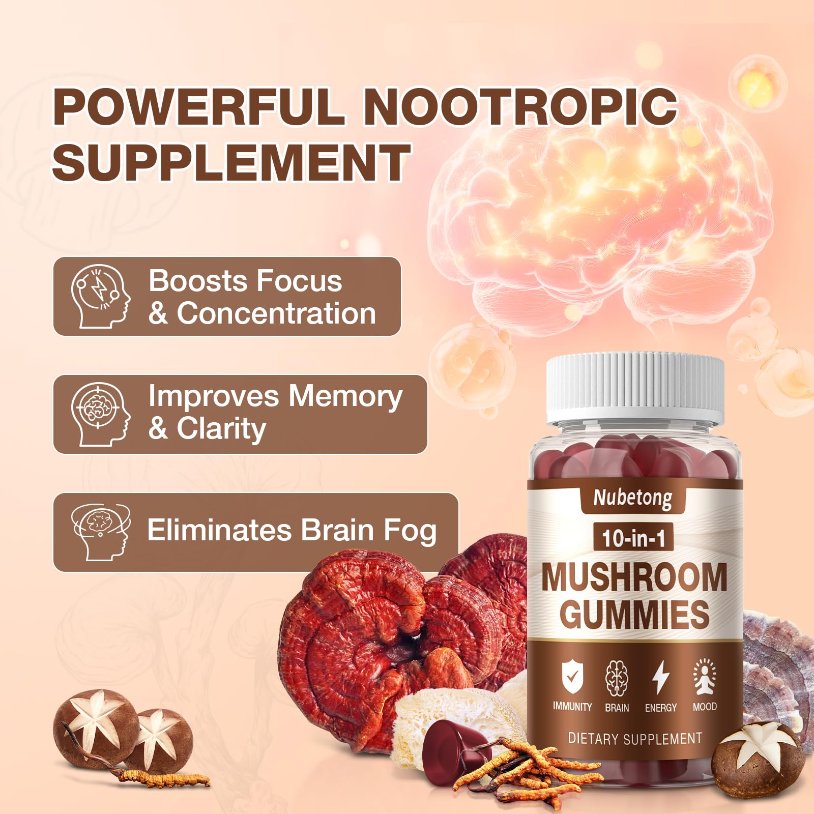 Nubetong Mushroom Gummies bottle label close-up with vegan, non‑GMO cues