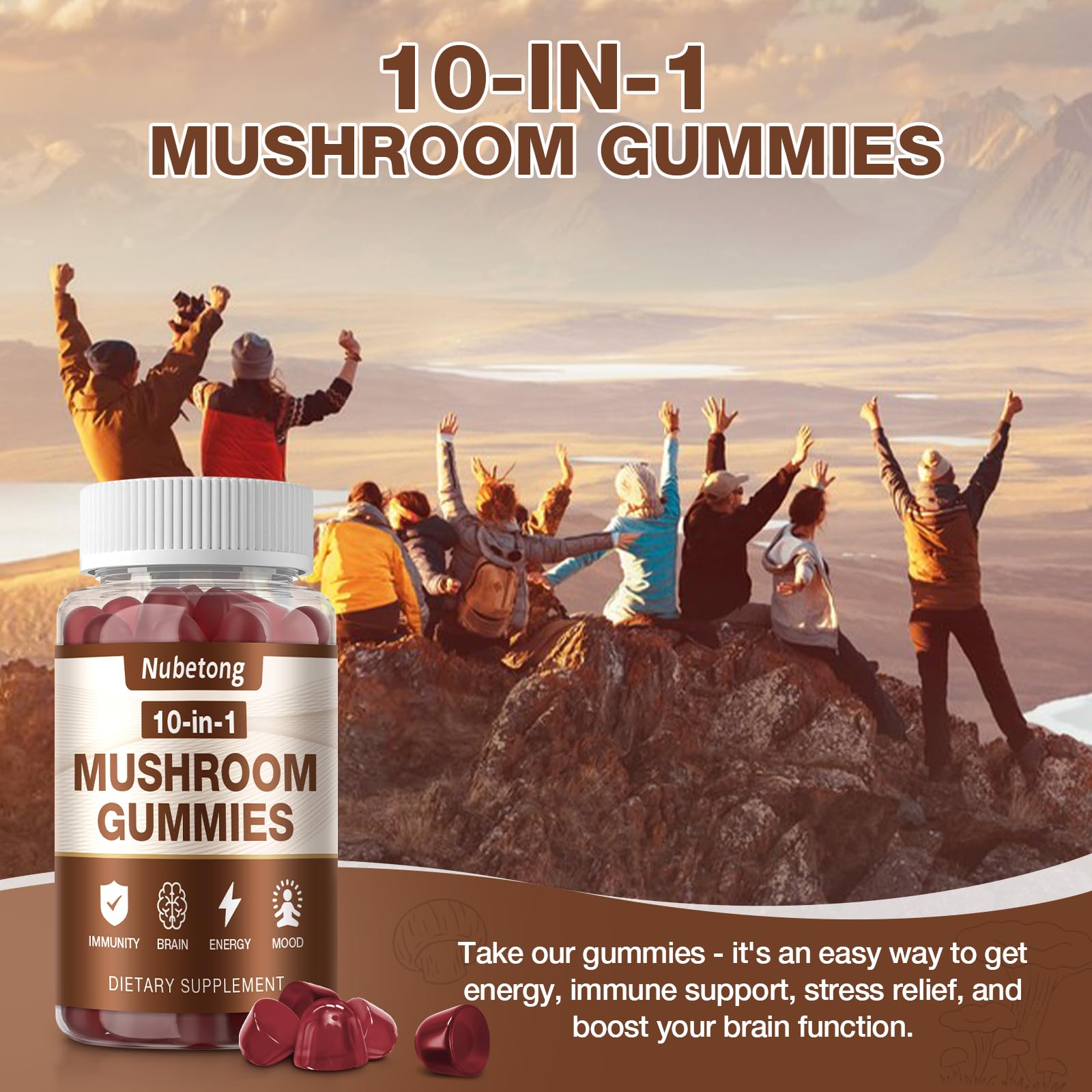 Nubetong Mushroom Gummies ingredients scene emphasizing vegan and non‑GMO formula
