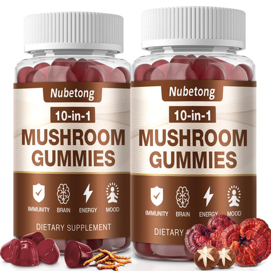 Nubetong Mushroom Gummies jar close-up highlighting the 10‑mushroom blend for immune balance