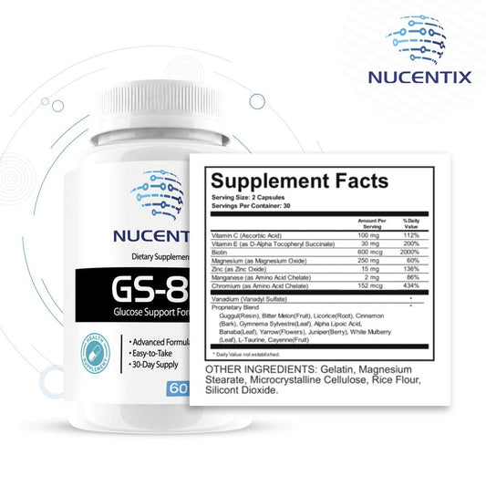 Nucentix GS-85-60 bottle side, compact daily supplement for busy routines.
