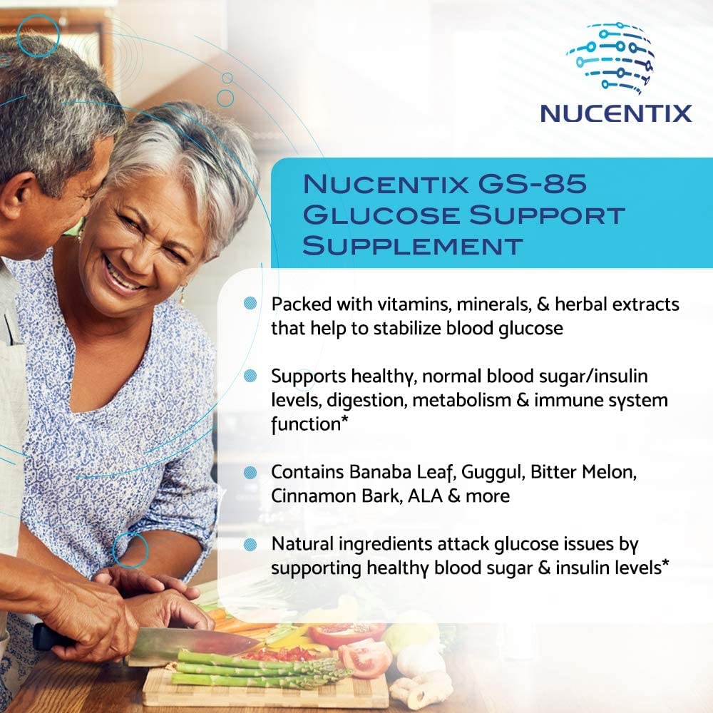 Nucentix GS-85-60 label closeup, highlighting natural vitamins, minerals and herbal extracts.