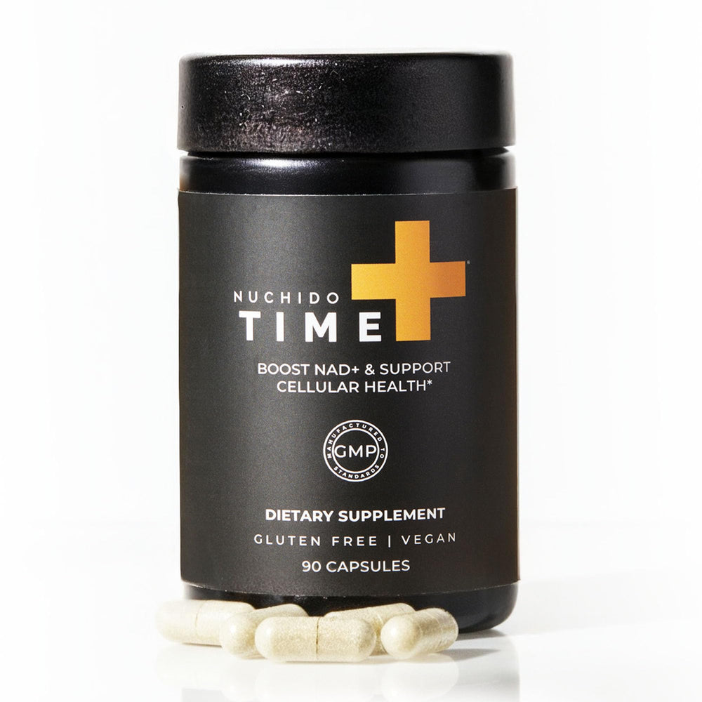Nuchido Time+ bottle front showing modern design and daily energy focus.
