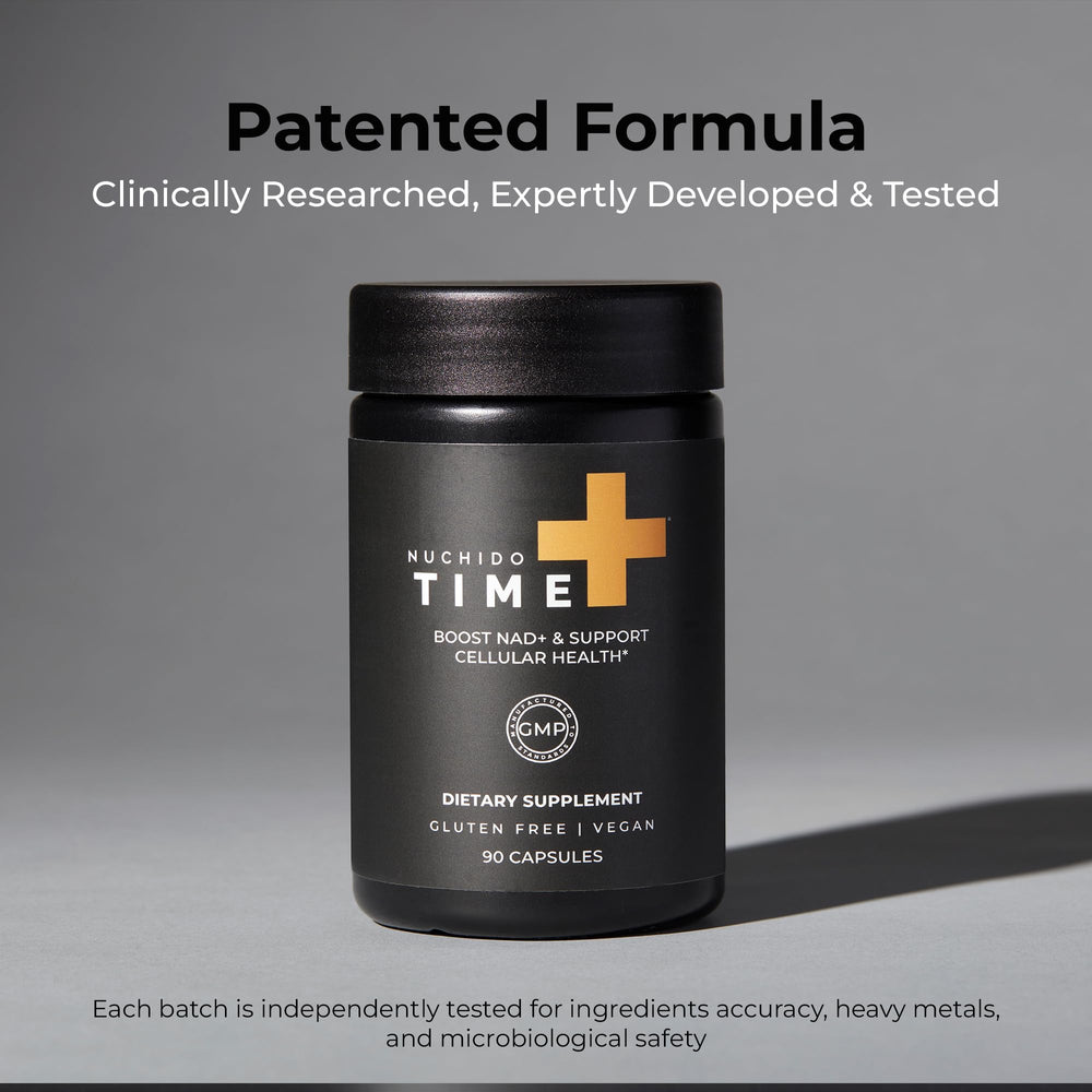 Array of Time+ capsules suggesting simple daily NAD+ support.