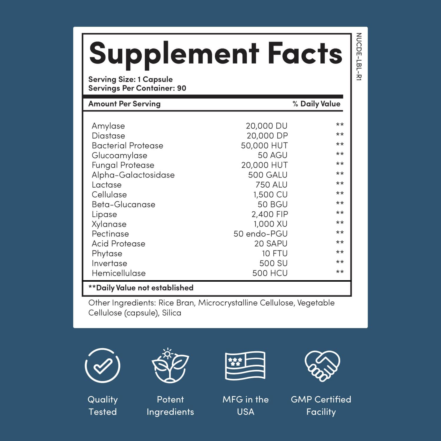 Close-up of Nucific capsules highlighting a convenient enzyme blend for meal digestion.