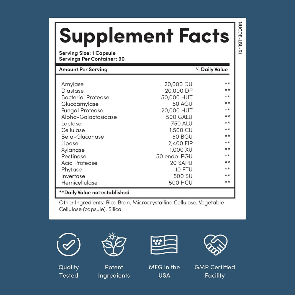 Close-up of Nucific capsules highlighting a convenient enzyme blend for meal digestion.