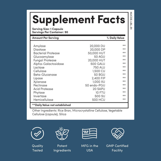 Close-up of Nucific capsules highlighting a convenient enzyme blend for meal digestion.