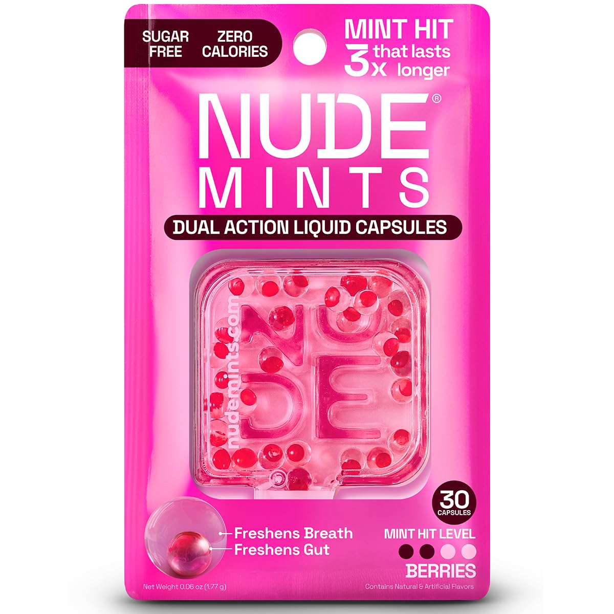 NUDE Mints dual-action pack front for on-the-go breath refreshment