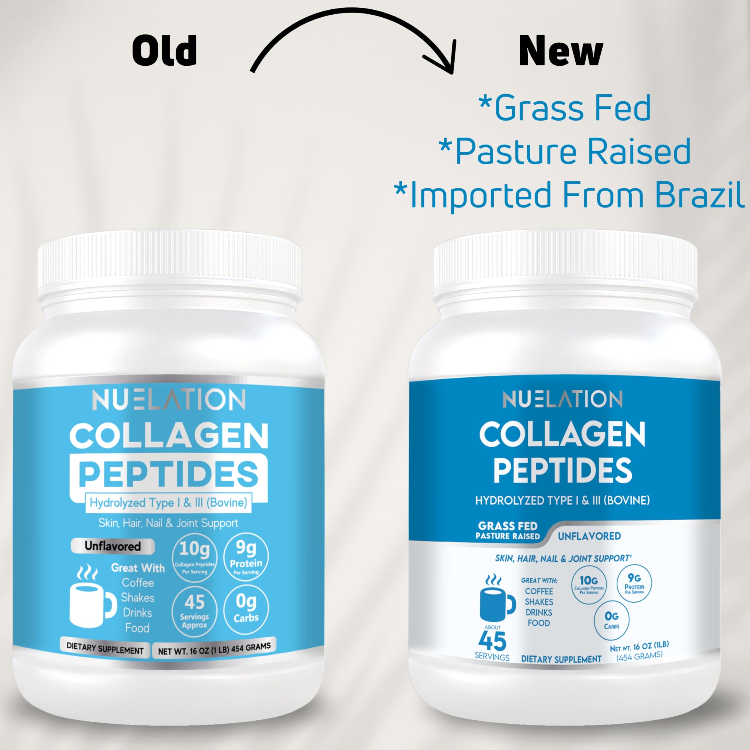 NUELATION collagen powder scoop shows 10g collagen and 9g protein per serving.