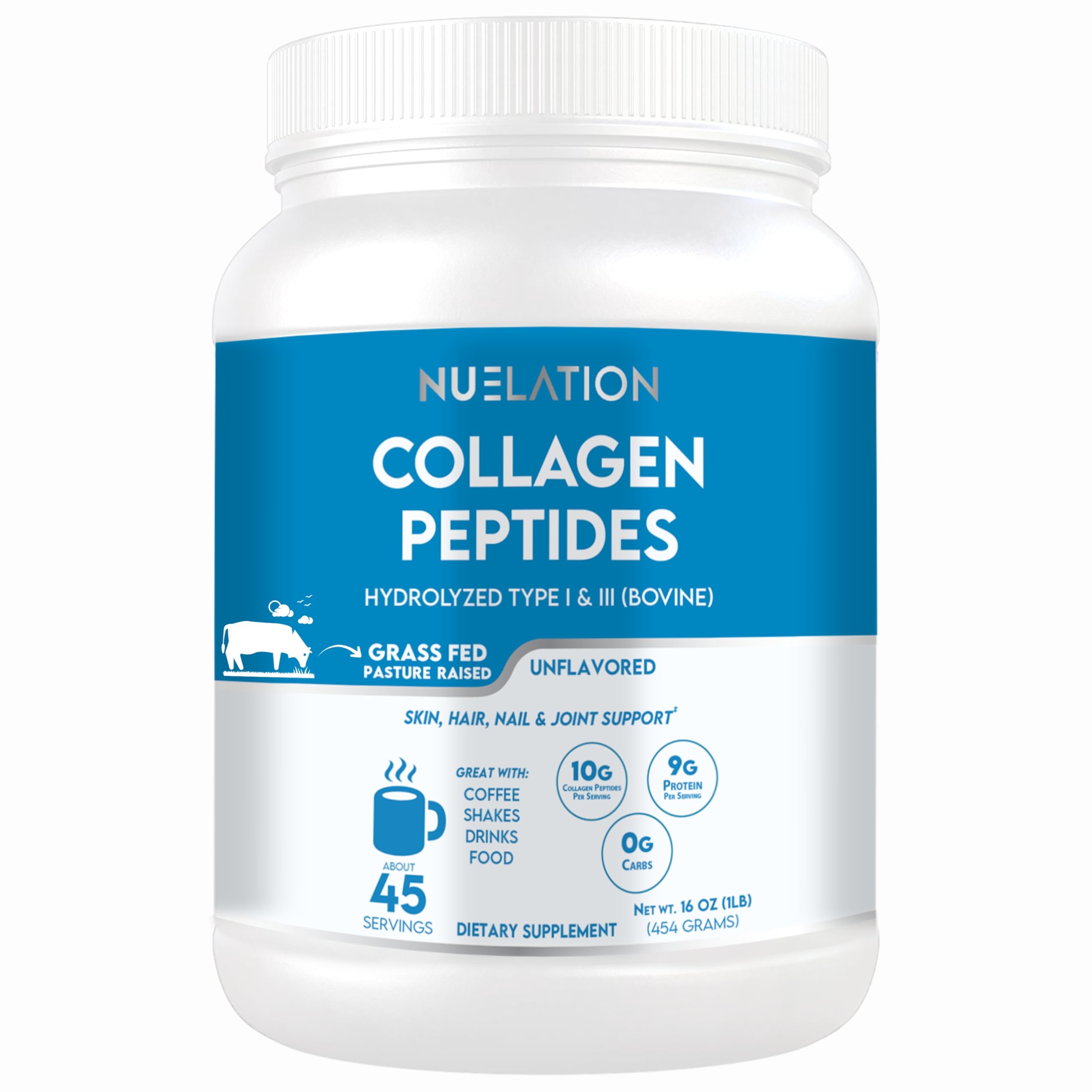 NUELATION grass-fed collagen powder tub closeup for daily skin and hair support.