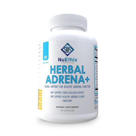 NuEthix Adrena+ bottle front view for convenient adrenal support on busy days.