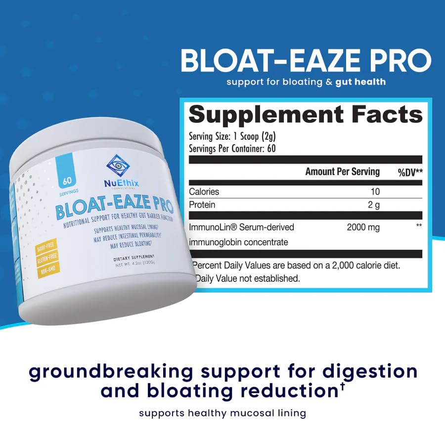 NuEthix Bloat Eaze Pro powder close-up shows fine, mixable texture