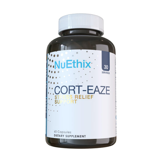 NuEthix Cort-Eaze bottle front with capsules for cortisol balance and calm