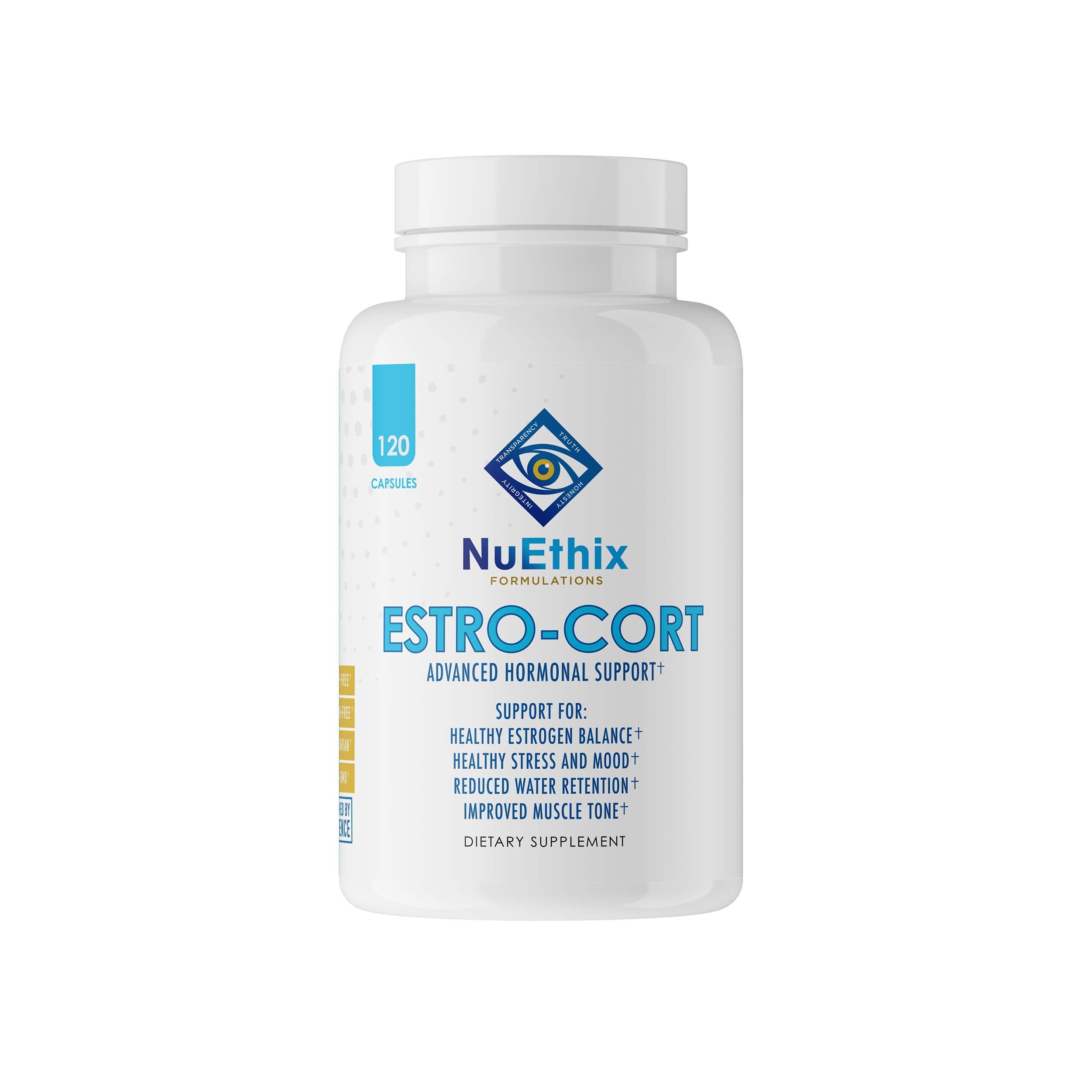 NuEthix Estro-Cort bottle with pour showing balance and calm