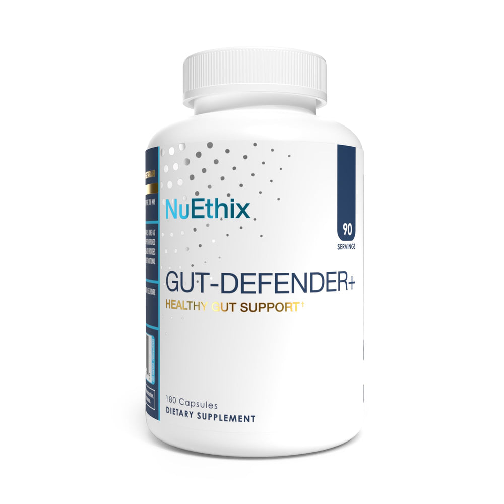 NuEthix Gut Defender+ bottle label shows transparent formula for clean supplementation.