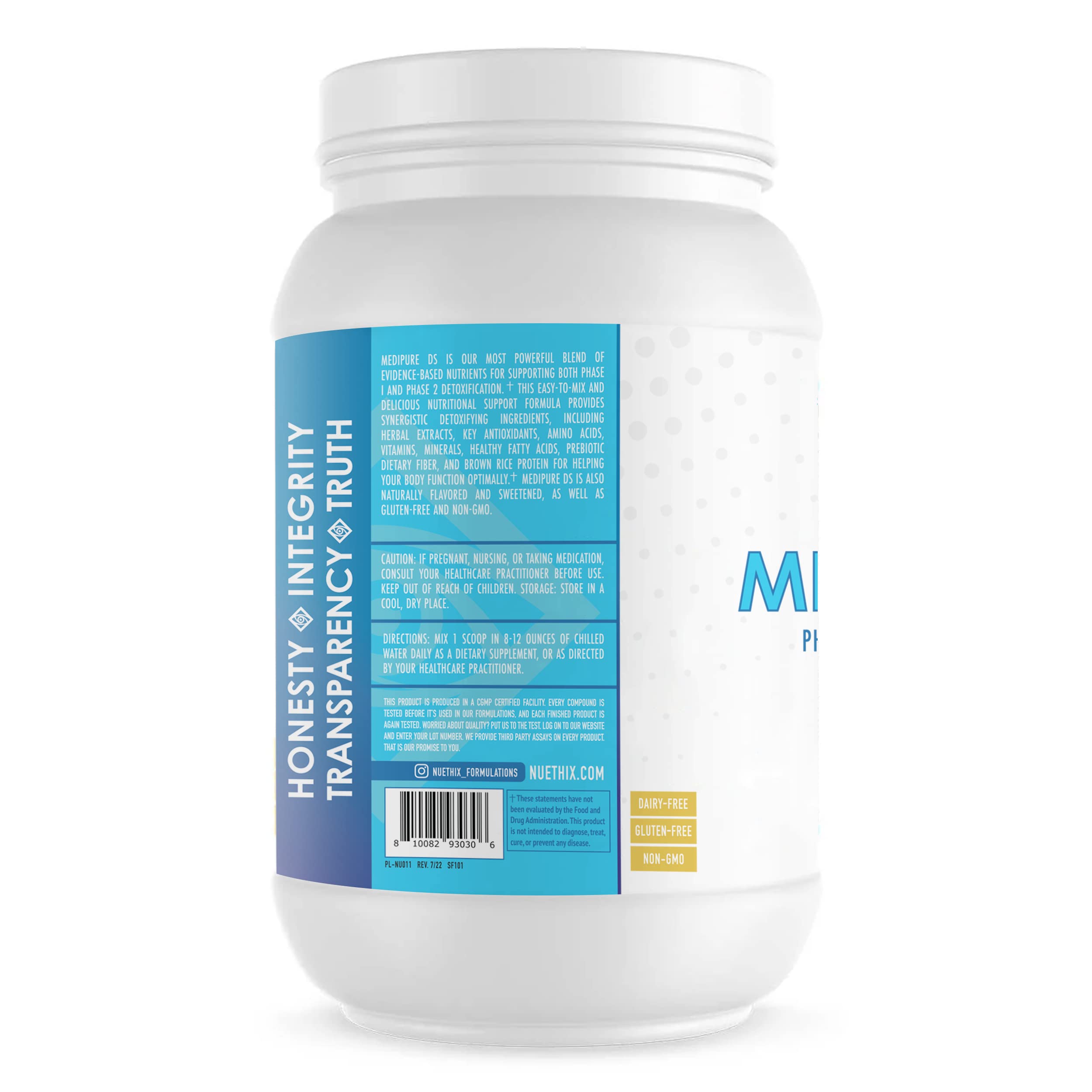 NuEthix Medipure DS label close-up showing gluten-free and non-GMO notes.