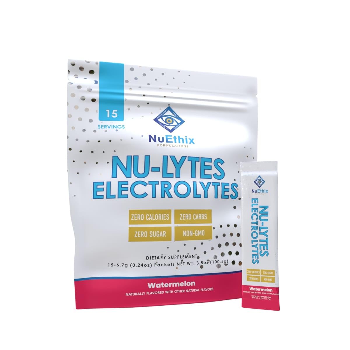 NuEthix Nu-LYTES Watermelon packet contents highlighting electrolyte blend.