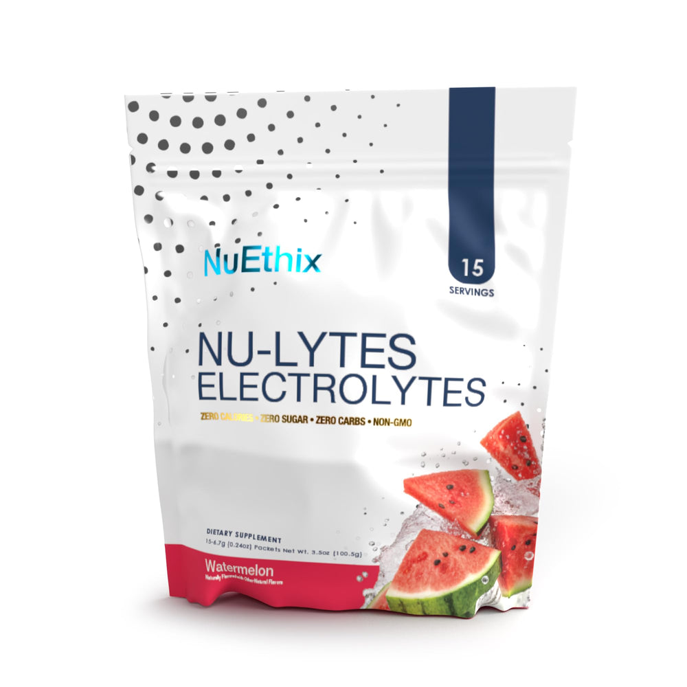 NuEthix Nu-LYTES Watermelon packet front view for on-the-go hydration.