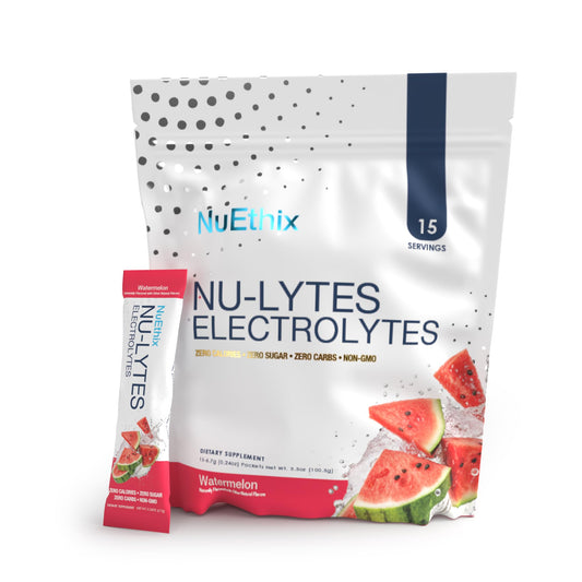 NuEthix Nu-LYTES Watermelon packet packaging shown for travel-ready hydration.