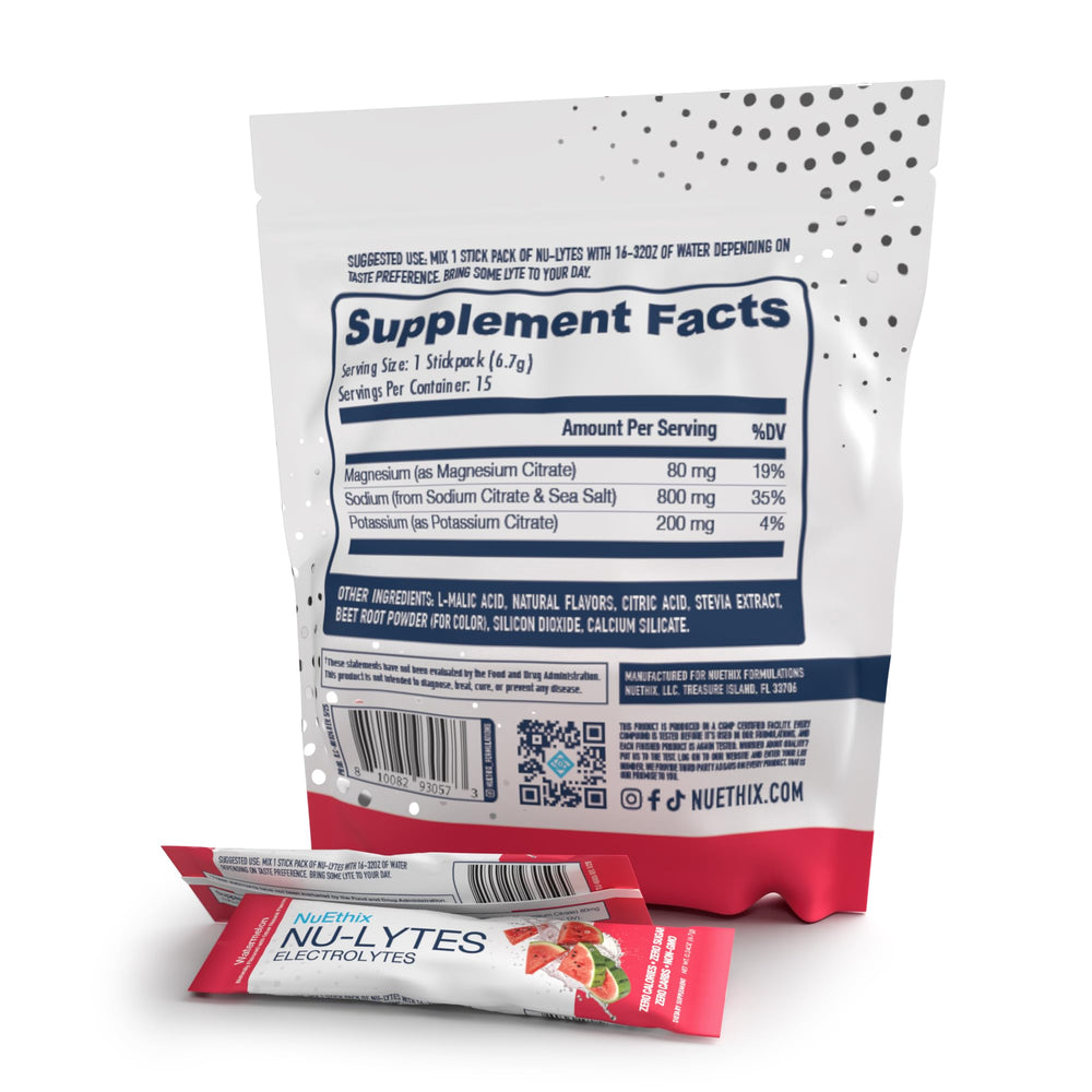 NuEthix Nu-LYTES Watermelon packet serving size displayed for convenient use.