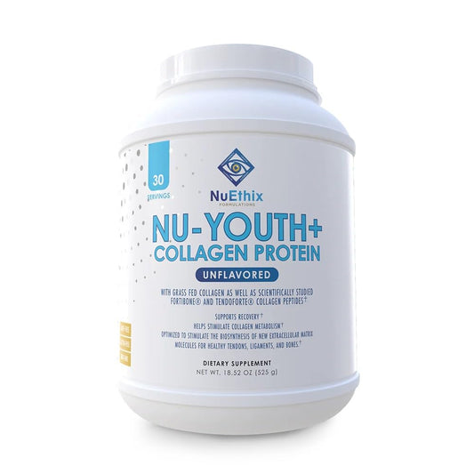 NuEthix Nu-Youth Collagen bottle demonstrates protein support for bones and joints.