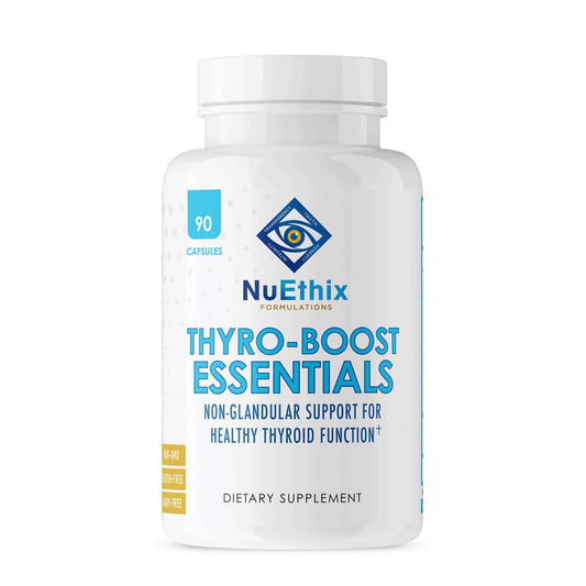 NuEthix Thyro-Boost Essentials bottle on a counter; supports daily thyroid wellness.