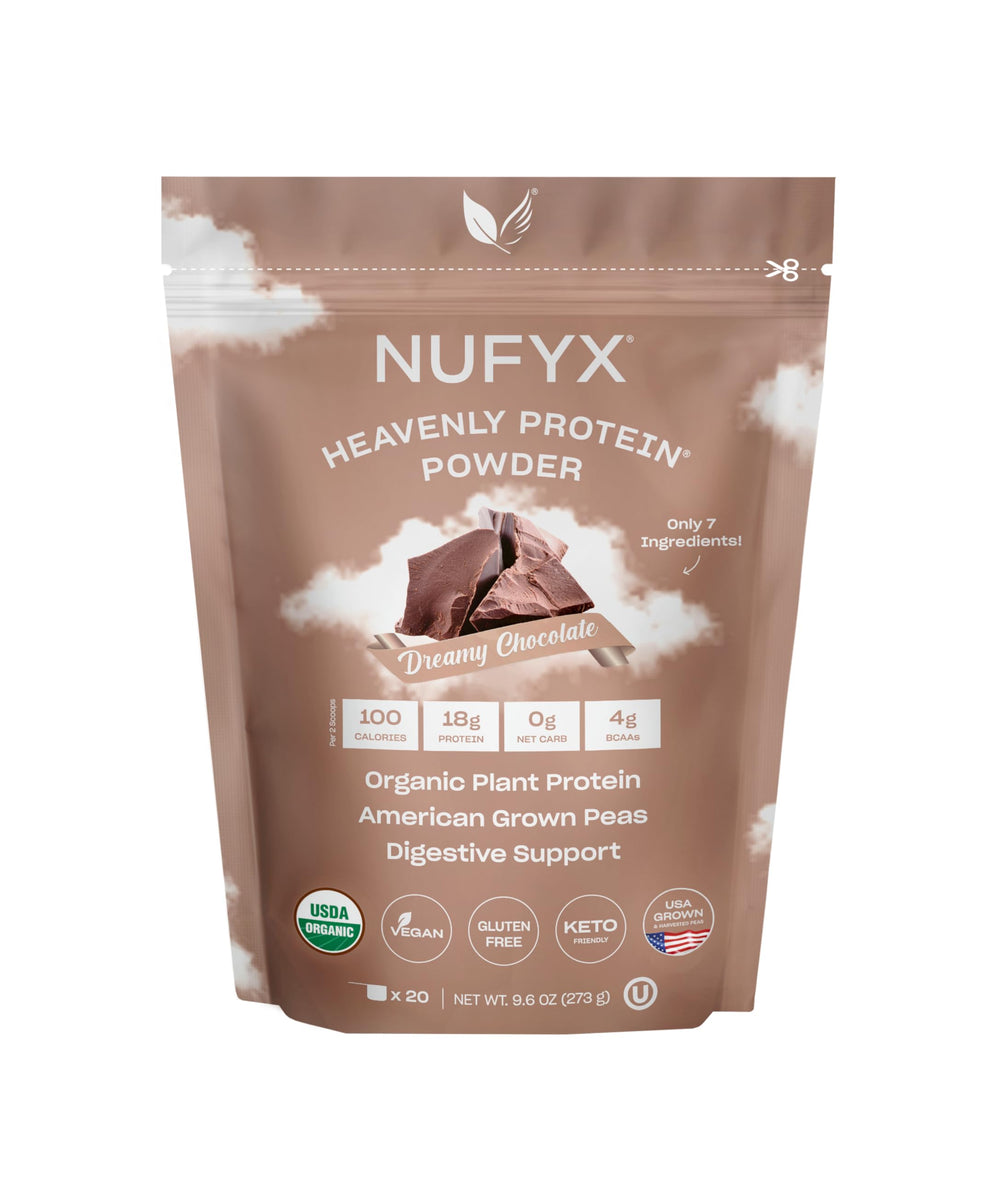 NUFYX Heavenly Protein Dreamy Chocolate bottle pour for quick shakes with low-calorie plant protein