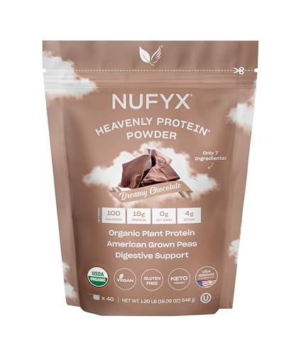 NUFYX Heavenly Protein Dreamy Chocolate packaging highlights vegan, organic pea protein from US farms