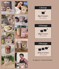 Nutrition label on Dreamy Chocolate powder showing low calories and amino acids