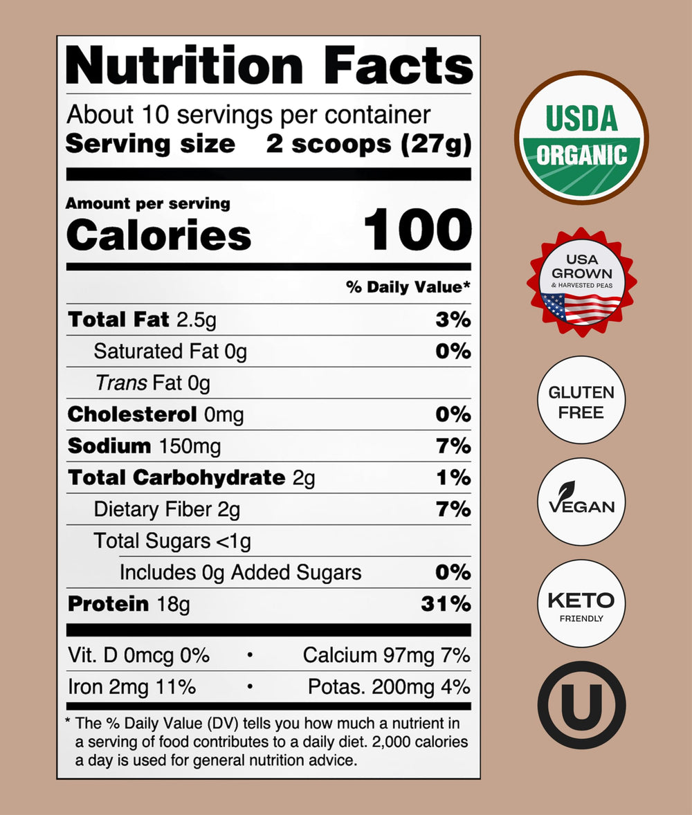 NUFYX Heavenly Protein Dreamy Chocolate scoop with powder highlights plant-based protein per serving