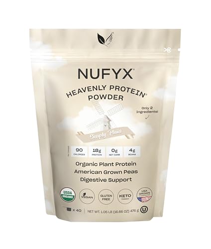 NUFYX Heavenly Protein Powder bottle shows vegan, gluten-free plant-based protein from USA peas.