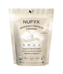 NUFYX Heavenly Protein Powder bottle shows vegan, gluten-free plant-based protein from USA peas.