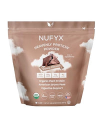 NUFYX Heavenly Protein Powder container showing 100% USA-grown peas for a clean vegan option