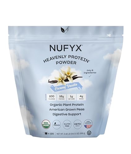 NUFYX Heavenly Protein Powder tub with Creamy Vanilla for a clean plant-based start.
