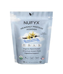 NUFYX Heavenly Protein Vanilla bag shows organic peas for clean protein.