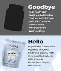 NUFYX vanilla protein scoop in glass with milk.