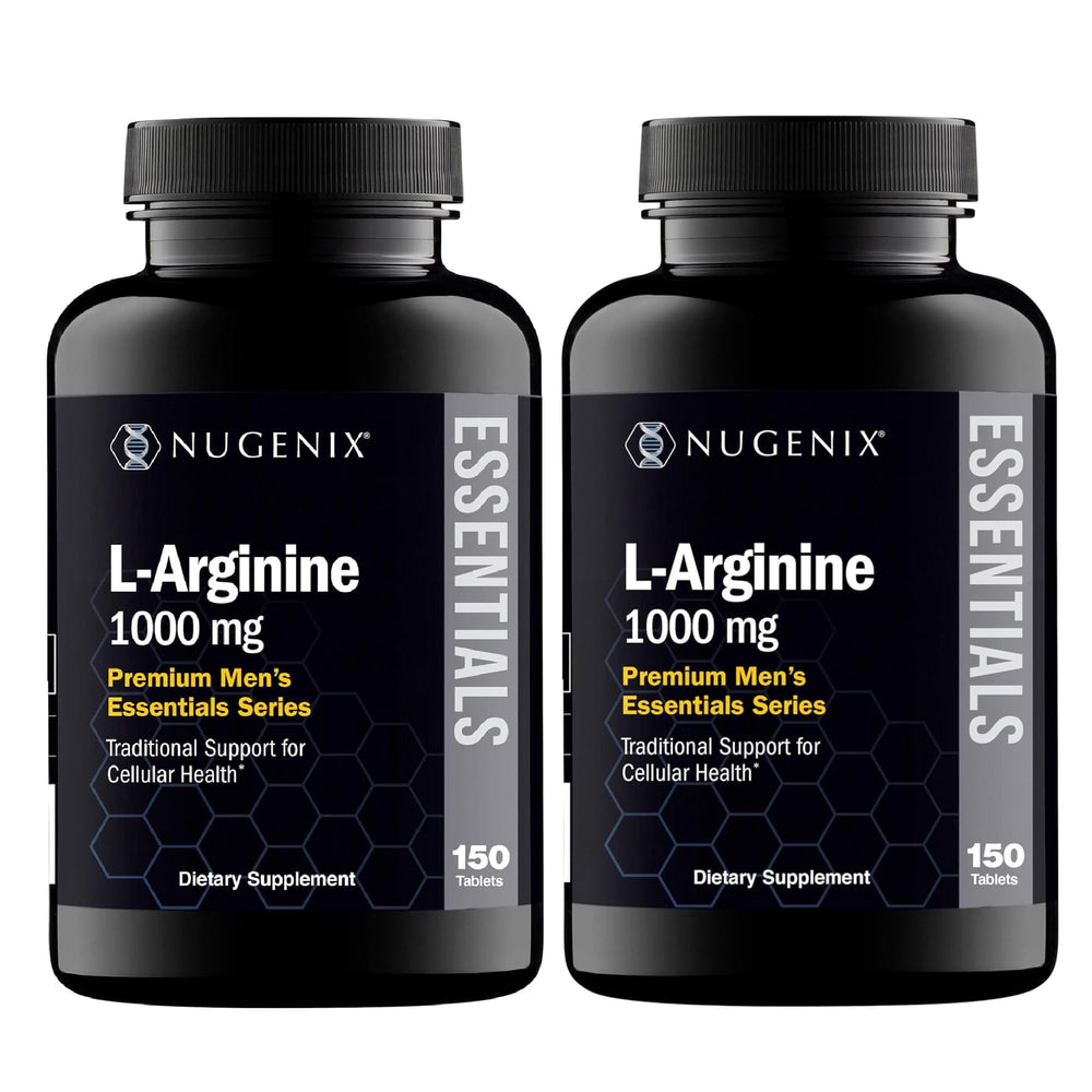 Nugenix Essentials L-Arginine bottle shows 1000 mg tablets for daily use.