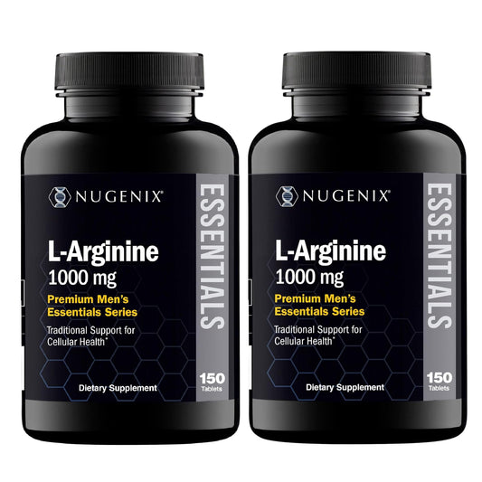 Nugenix Essentials L-Arginine bottle shows 1000 mg tablets for daily use.