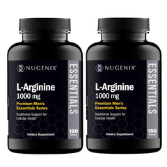 Nugenix Essentials L-Arginine bottle shows 1000 mg tablets for daily use.