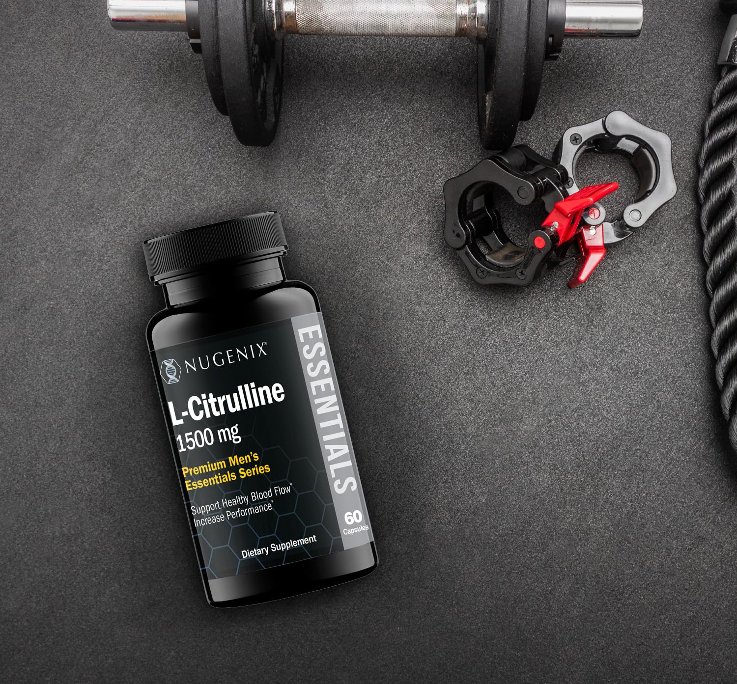 Nugenix Essentials L-Citrulline packaging emphasizing USA-sourced premium ingredients