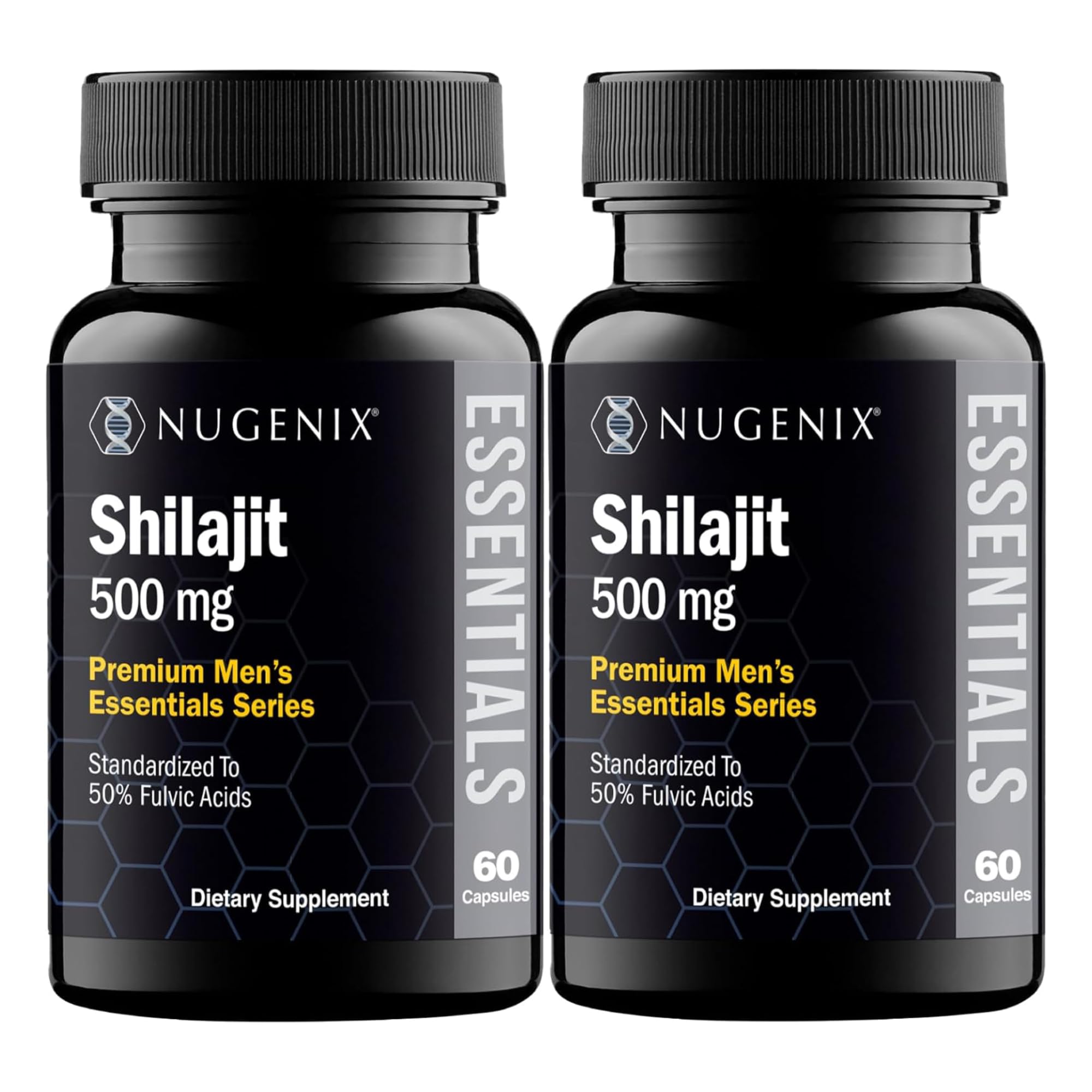 Nugenix Essentials Shilajit capsules bottle for daily vitality support.