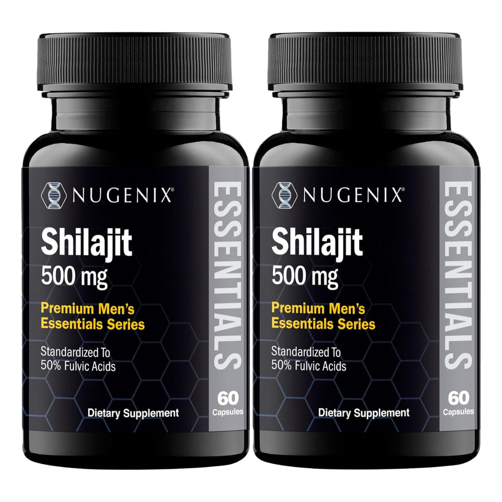 Nugenix Essentials Shilajit capsules bottle for daily vitality support.