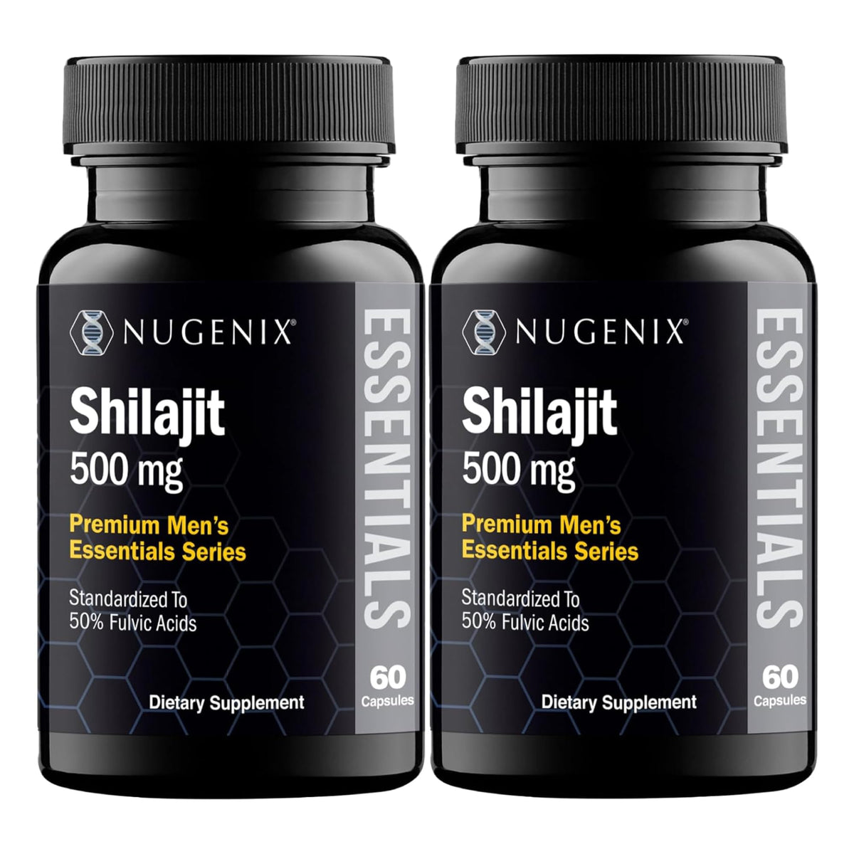 Nugenix Essentials Shilajit capsules bottle for daily vitality support.
