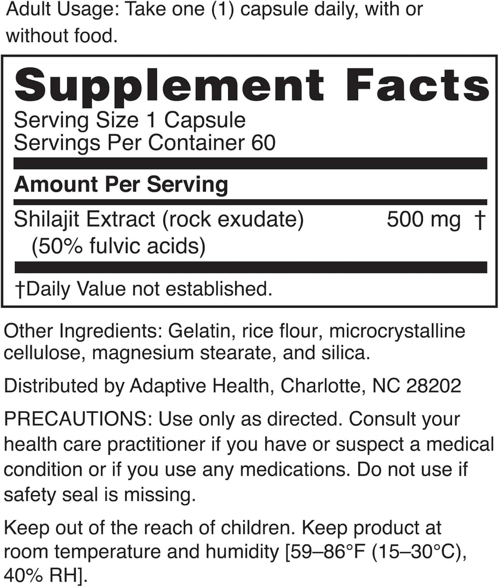Nugenix Essentials Shilajit capsules close-up showing 500 mg potency per capsule.