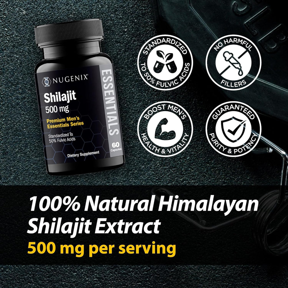 Nugenix Essentials Shilajit from Himalayan mountains, high-altitude source.