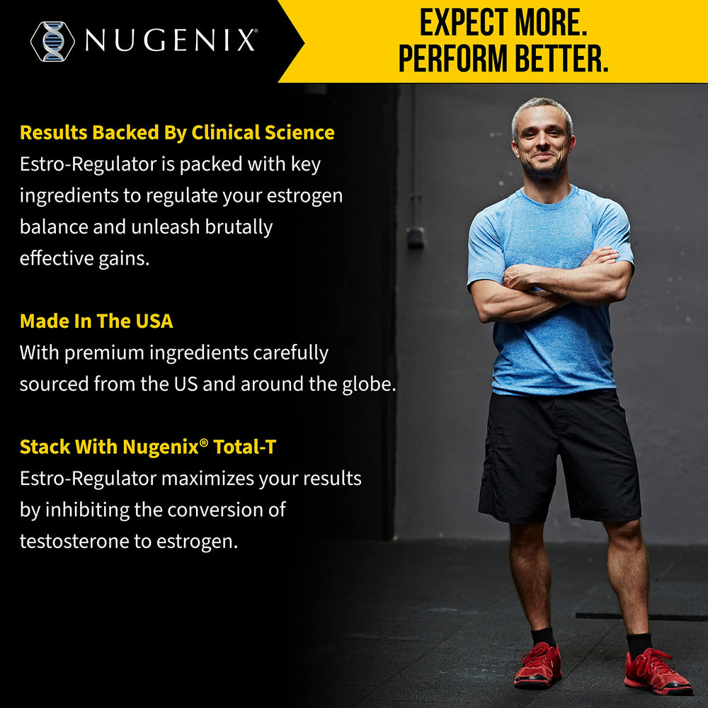 Nugenix Estro-Regulator packaging box on shelf signaling balance and vitality