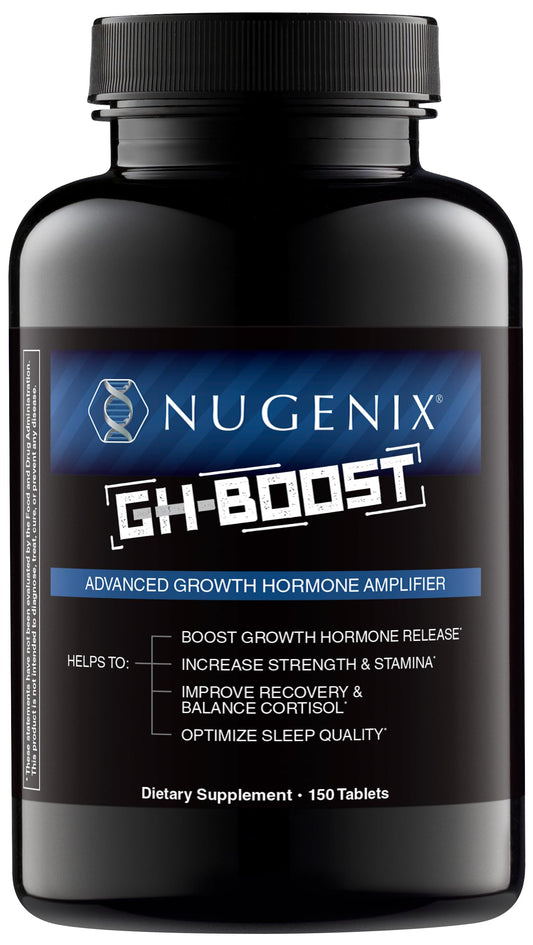 Nugenix GH-Boost bottle on a nightstand promoting restful sleep support